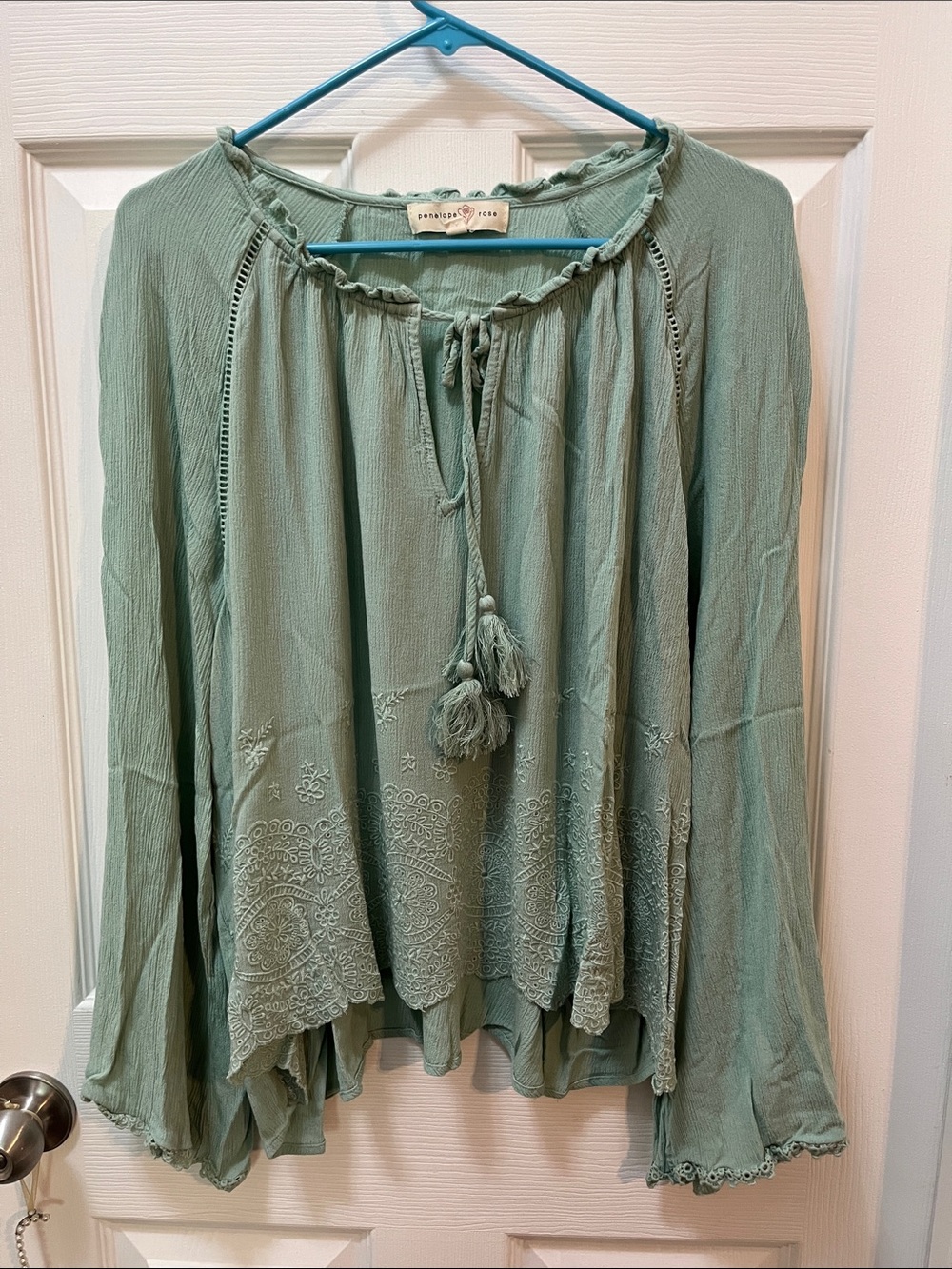 Sage Green Embroidered Peasant Top